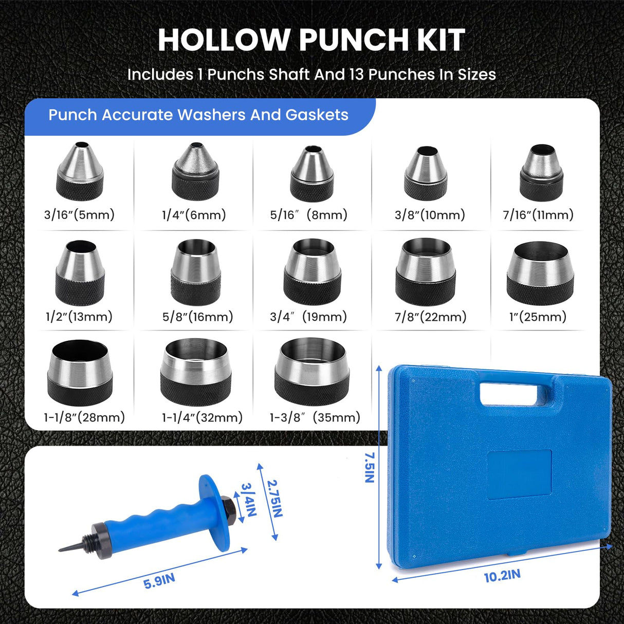 Hollow Hole Punch Set for Leather, Gasket Hollow Punch Kit, Rubber Hollow Hole Punch Set,Gasket Punch Set 3/16 to 1-3/8in CZPPIF