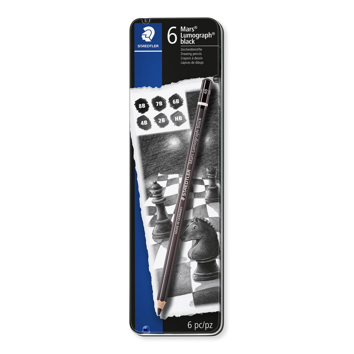 Staedtler Mars Lumograph Black, Carbon Blend Provides Jet Black Lines, Professional Art Pencils, Tin of 6 Assorted Black Sketch Pencils, 100B G6 STAEDTLER