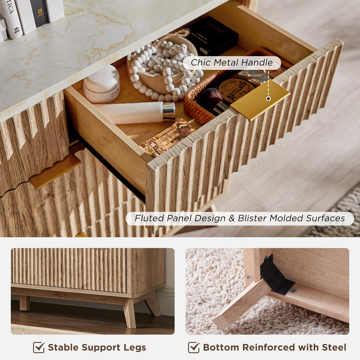 T4TREAM Fluted 7 Drawers Dresser, 54" Wide Modern Chest of Drawers with Faux Marble Top, Curved Profile Design, Dresser TV Stand, Wood Drawer Organizer for Bedroom, Living Room, Hallway, Natural Oak T4TREAM