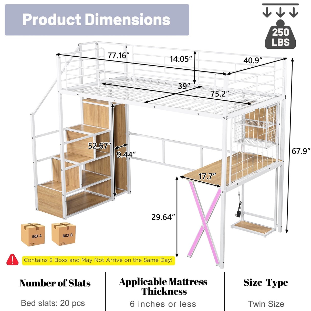 MoproBeti Twin Size Loft Bed with Desk and Storage Stairs,Metal Gaming Twin Loft Bed with LED Lighting, High Loft Bed with Wardrobe and Shelves for Boys,Girls,Teens, Adults,White MoproBeti