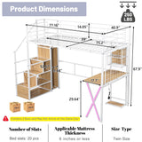 MoproBeti Twin Size Loft Bed with Desk and Storage Stairs,Metal Gaming Twin Loft Bed with LED Lighting, High Loft Bed with Wardrobe and Shelves for Boys,Girls,Teens, Adults,White MoproBeti