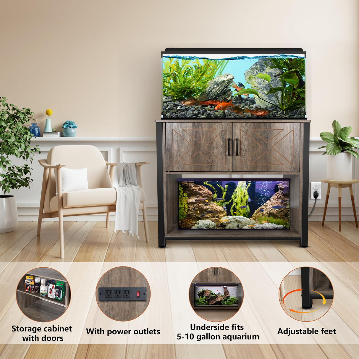 BEURUKU 40 Gallon Tank Stand with Cabinet and Power Outlets, Heavy Duty Metal Aquarium Stand for 40-50 Gallon Breeder Tank, Turtle Tank, Double Terrarium Stand, 660LBS Capacity, Grey BEURUKU