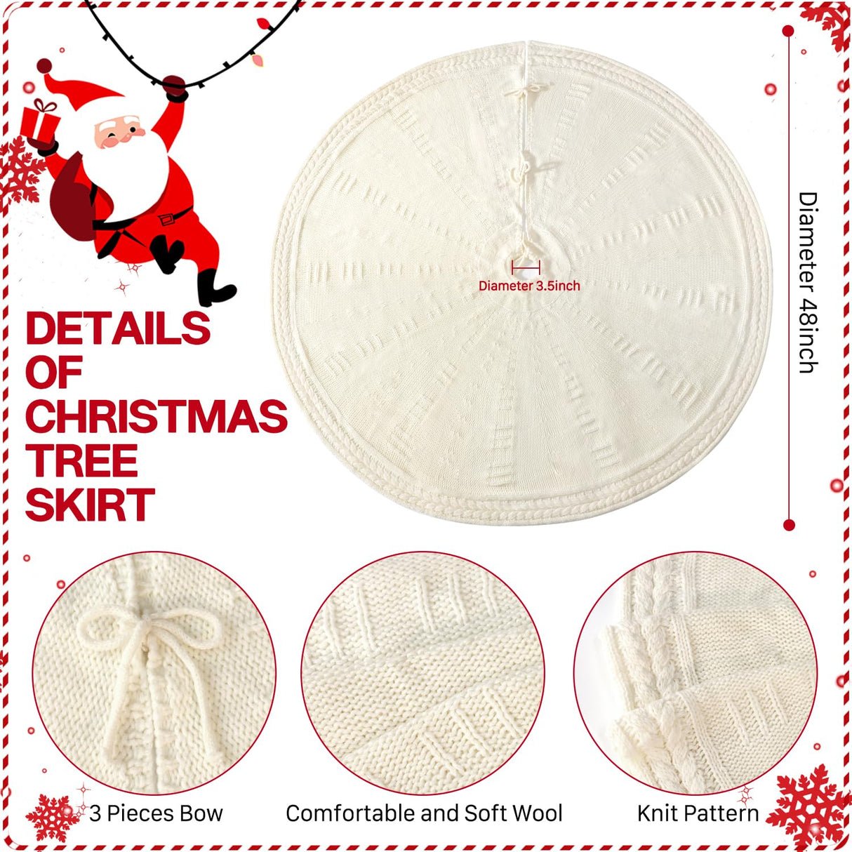 EIMMBD Christmas Tree Skirt, 48 inches Cable Knit Knitted Thick Rustic Christmas Tree Decoration for Xmas Indoor Home Holiday (Cream) EIMMBD