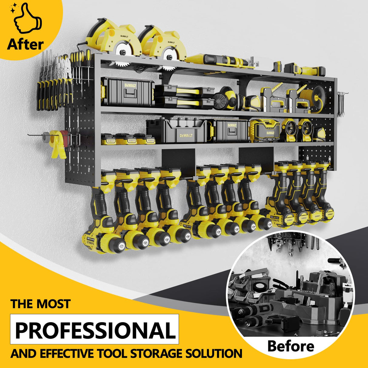 RacKeaLsi 49" W Large Power Tool Organizer Wall Mount, 4 Layer Heavy Duty Metal Tool Storage Rack with 12 Drills Holder, Utility Racks for Garage Workshop, Ideal Garage Organization RacKeaLsi