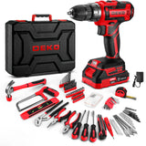 Red Drill Tool Kit Set: 20V Cordless Power Drill Tool Box with Battery Electric Drill Driver for Men Home Hand Repair Basic Toolbox Tools Sets Drills Case DEKOPRO