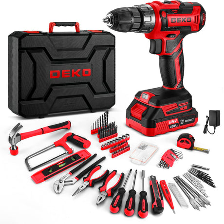 Red Drill Tool Kit Set: 20V Cordless Power Drill Tool Box with Battery Electric Drill Driver for Men Home Hand Repair Basic Toolbox Tools Sets Drills Case DEKOPRO