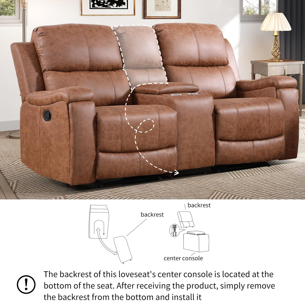 CANMOV Manual Reclining Loveseat with Console,Faux Leather Double Recliner Loveseat Sofa with Hidden Storage and Cup Holders,Manual Recliner Loveseat Couch Set for Living Room,Brown CANMOV