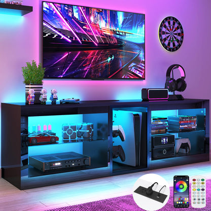 Vinctik 6&Fox LED TV Stands w/60,000-Colors Lights&6.5ft Power Outlet for 55 60 65 70inch TV,Modern High Gloss LED Black Entertainment Center w/Adjustable Shelves for Living Room Gameroom/Bed - WoodArtSupply