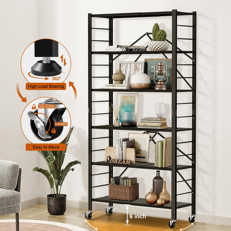 Himix 6 Tier Foldable Storage Shelves, Expandable Folding Bookshelf with Wheels, Changeable into 2 Shelf Units, Collapsible Adjustable Storage Rack Metal Shelves for Garage, Kitchen, Black Himix