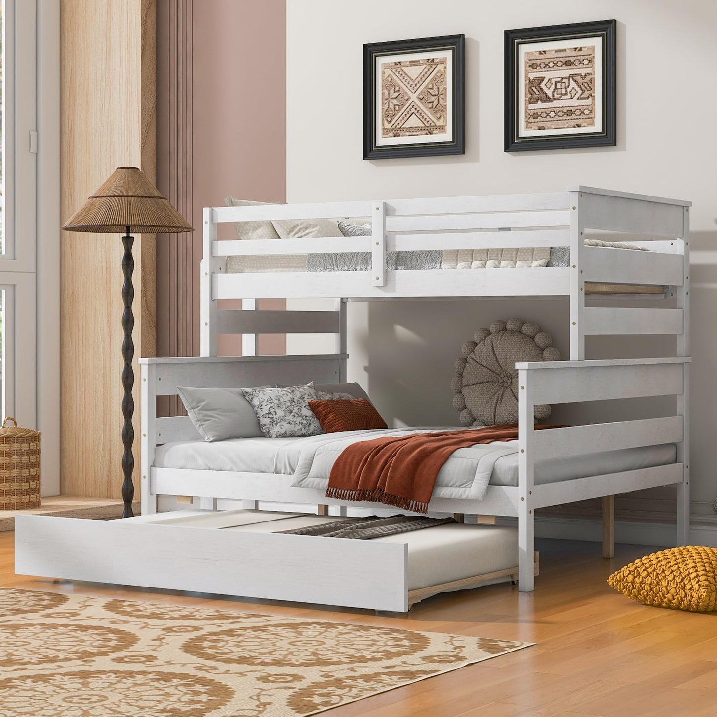 Linique Twin Over Full Bunk Bed with Trundle - White Wooden Frame, Ladder & Guardrails - WoodArtSupply