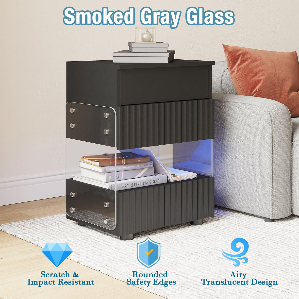 STHOUYN Bedroom LED Nightstand with Gun Drawers, Black Modern Night Stand with USB & Type-C Charging Station, Smart Nightstand Noght Stand, Bedside Table Gun Safe Side End Tables Office (1, Black) STHOUYN