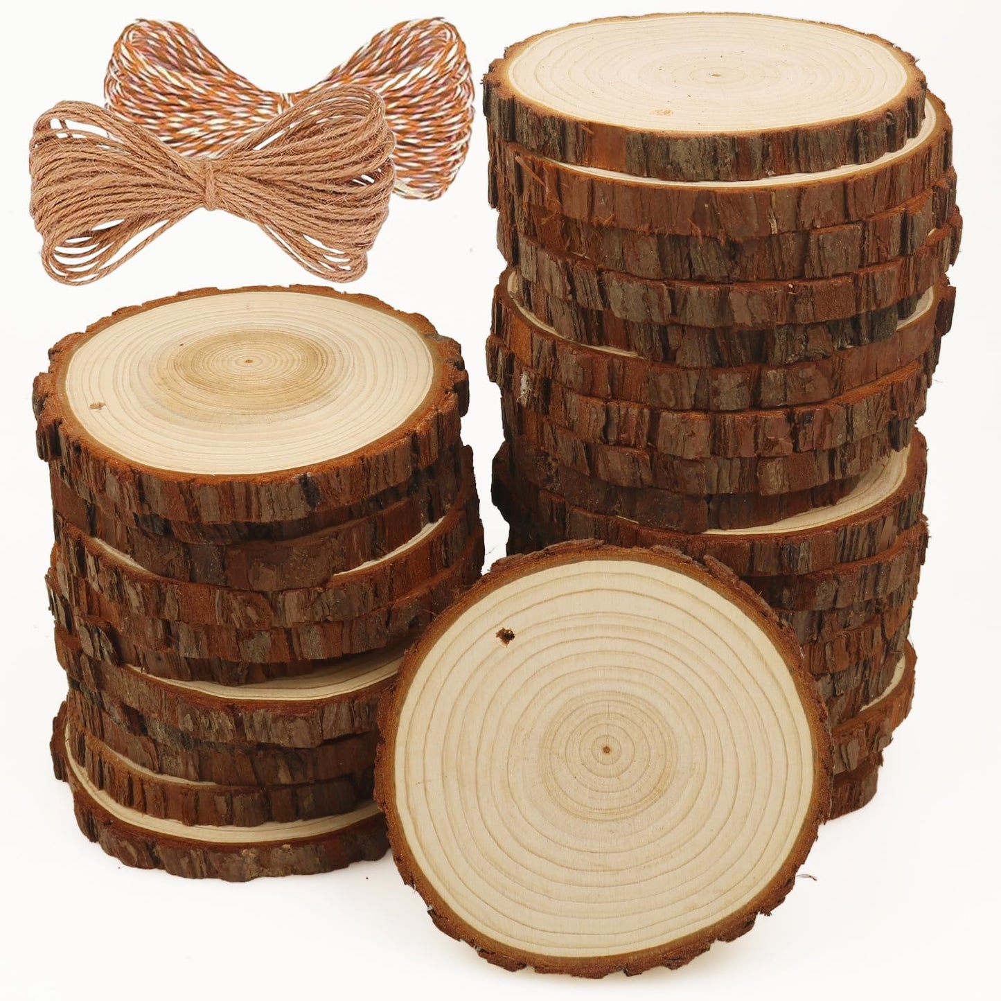 Natural Wood Slices 30 Pcs 3.5-4 Inches Craft Unfinished Wood Kit Predrilled Wooden Rounds with Bark, Wood Circles with Hole, Wood Slices for Crafts Ideal for DIY Projects, Christmas Ornaments