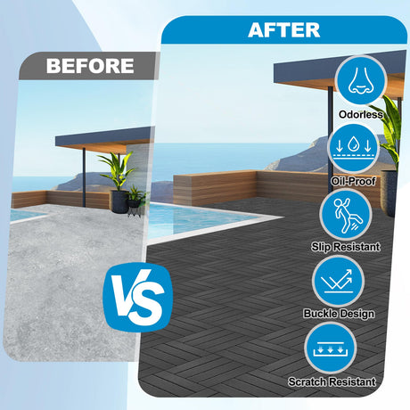 ToLanbbt Plastic Interlocking Deck Tiles 27 Pack 12"x12" Waterproof Indoor Outdoor Composite Patio Flooring Decking Tiles All Weather Use for Patio Porch Balcony Backyard Poolside, Dark Grey ToLanbbt