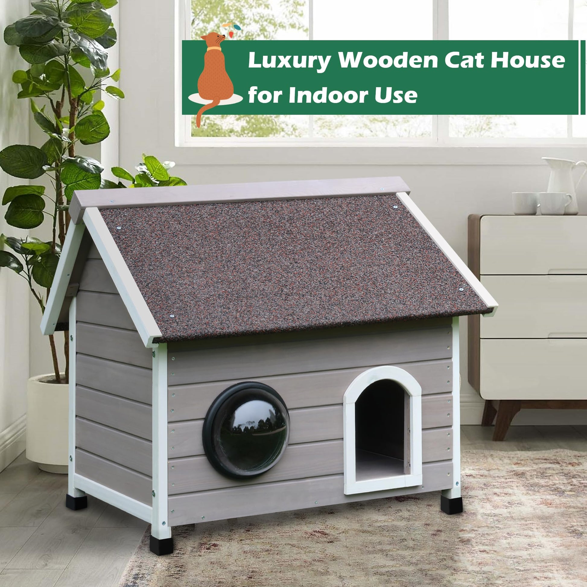 HiCaptain Outdoor Cat House for Feral Cats, Weatherproof Wooden Cat House Ideal Outdoor Shelter for Cats with Escape Door, Clear Window and Attic, Large Interior Space (Grey) - WoodArtSupply