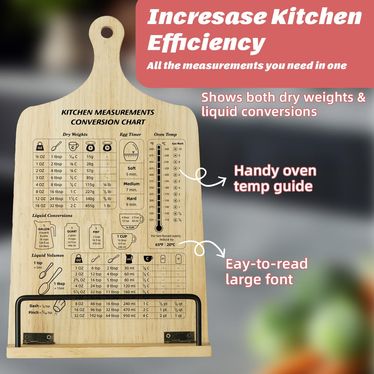 Funistree Kitchen Conversion Chart Cookbook Stand, Sturdy Wood Cook Book Holder, Recipe Cookbook Holder Stand with Kitchen Counters, Kitchen Baking Gifts for Women, Accessiores for Holding Cookbook Funistree