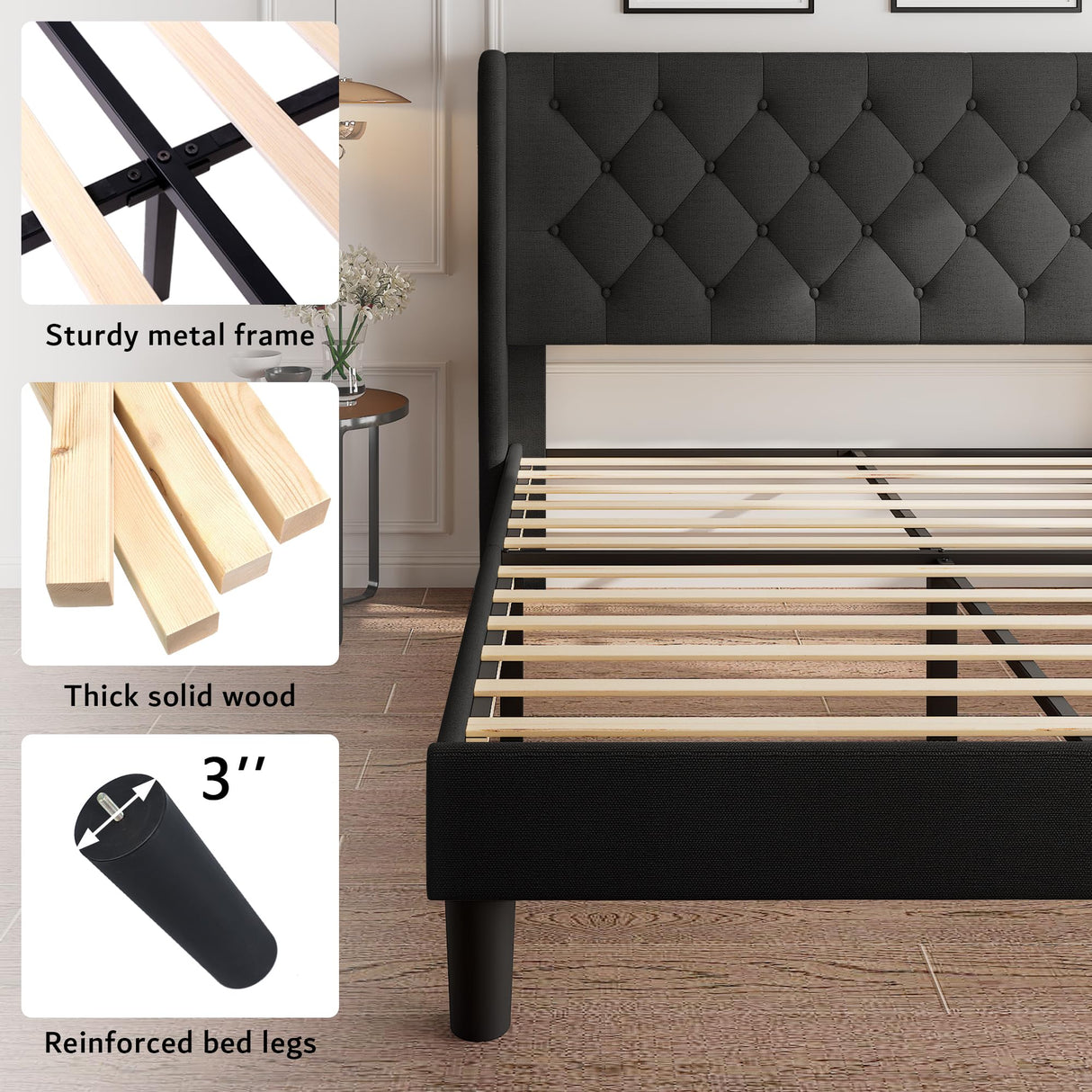 iPormis King Size Platform Bed Frame with Button Tufted Headboard, Upholstered Bed Frame with Solid Wooden Slats, 8" Underbed Space, No Box Spring Needed, Noise Free, Easy Assembly, Black iPormis
