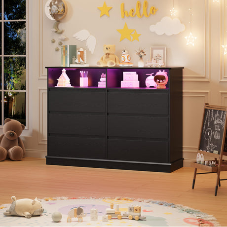 GarveeHome Dresser for Bedroom, 6 Drawer Dresser with LED Lights and Charging Station, Wide Chest of 6 Drawers with Open Space, Modern Large Capacity Storage Cabinet, Living Room, Hallway, Black GarveeHome
