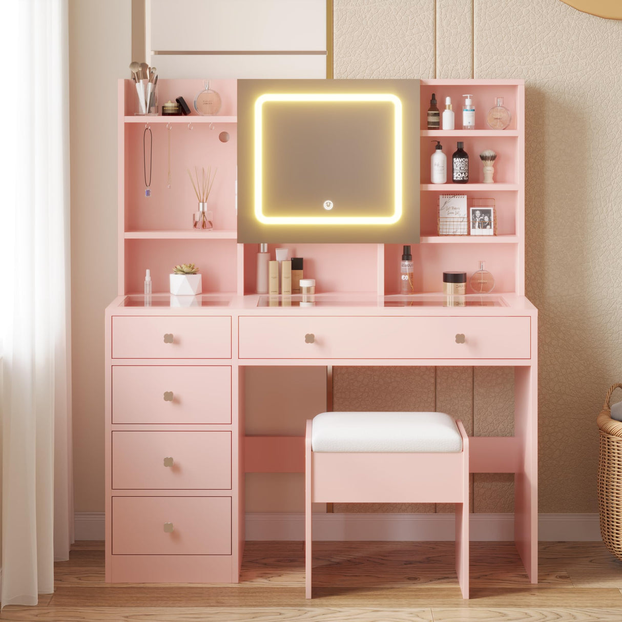 Karl home Makeup Vanity with Lighted Mirror Bedroom Vanity Desk with Charging Station Large Vanity Set with Transparent Desk, Drawers, Cabinet, Shelves for Storage in Bedroom, Light Pink Karl home