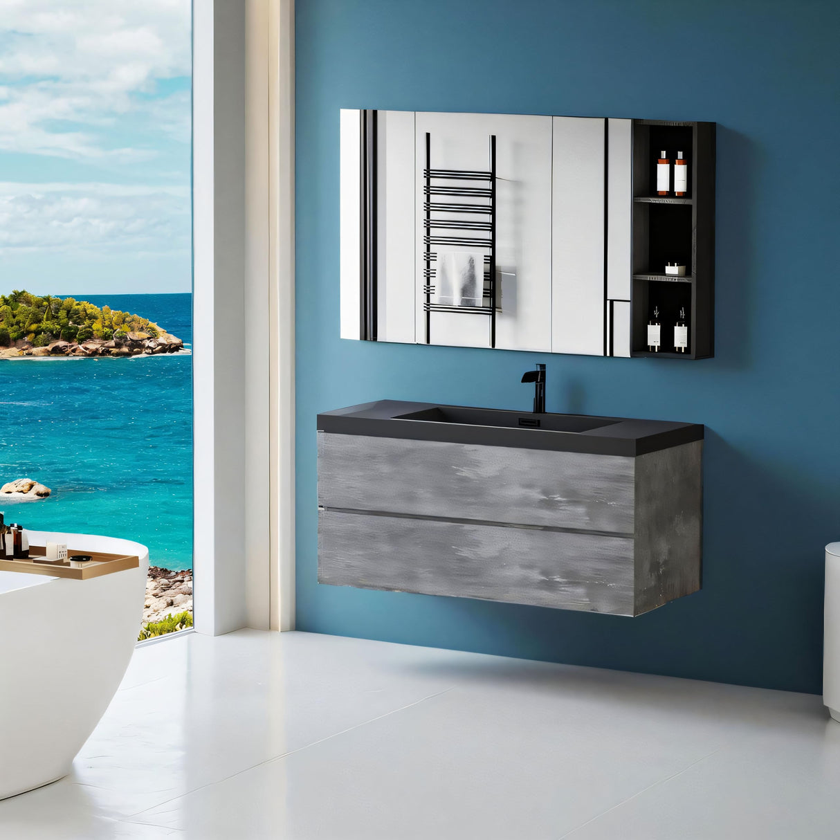 48 inch Floating Bathroom Vanity with Sink, Modern Wall-Mounted Bathroom Storage Vanity Cabinet with Black Quartz Sand Top Basin and Soft Close Drawers,Clean and Functional，Closeout Bathroom Vanities WoodArtSupply