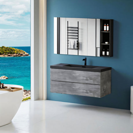 48 inch Floating Bathroom Vanity with Sink, Modern Wall-Mounted Bathroom Storage Vanity Cabinet with Black Quartz Sand Top Basin and Soft Close Drawers,Clean and Functional，Closeout Bathroom Vanities WoodArtSupply