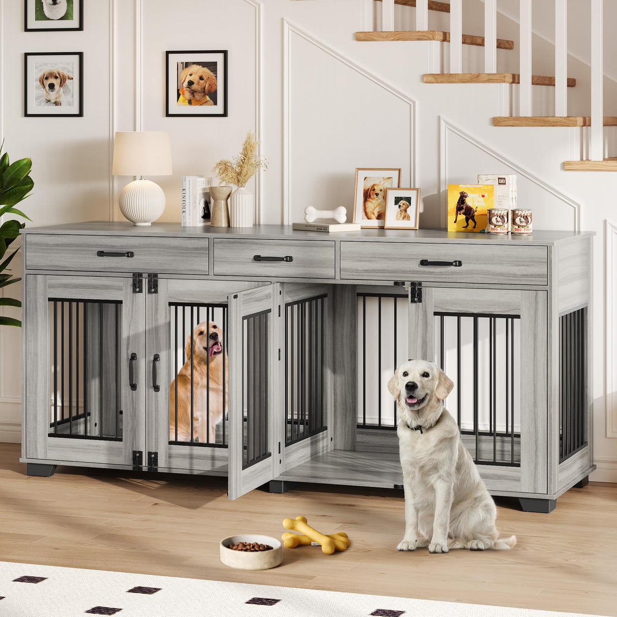Garvee 71" Double Dog Crate Furniture, Heavy Duty Dog Kennel Indoor with 3 Storage Drawers & Divider, Decorative Side Table Pet Cage for Small & Medium Breeds, Grey Oak Garvee