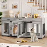 Garvee 71" Double Dog Crate Furniture, Heavy Duty Dog Kennel Indoor with 3 Storage Drawers & Divider, Decorative Side Table Pet Cage for Small & Medium Breeds, Grey Oak Garvee