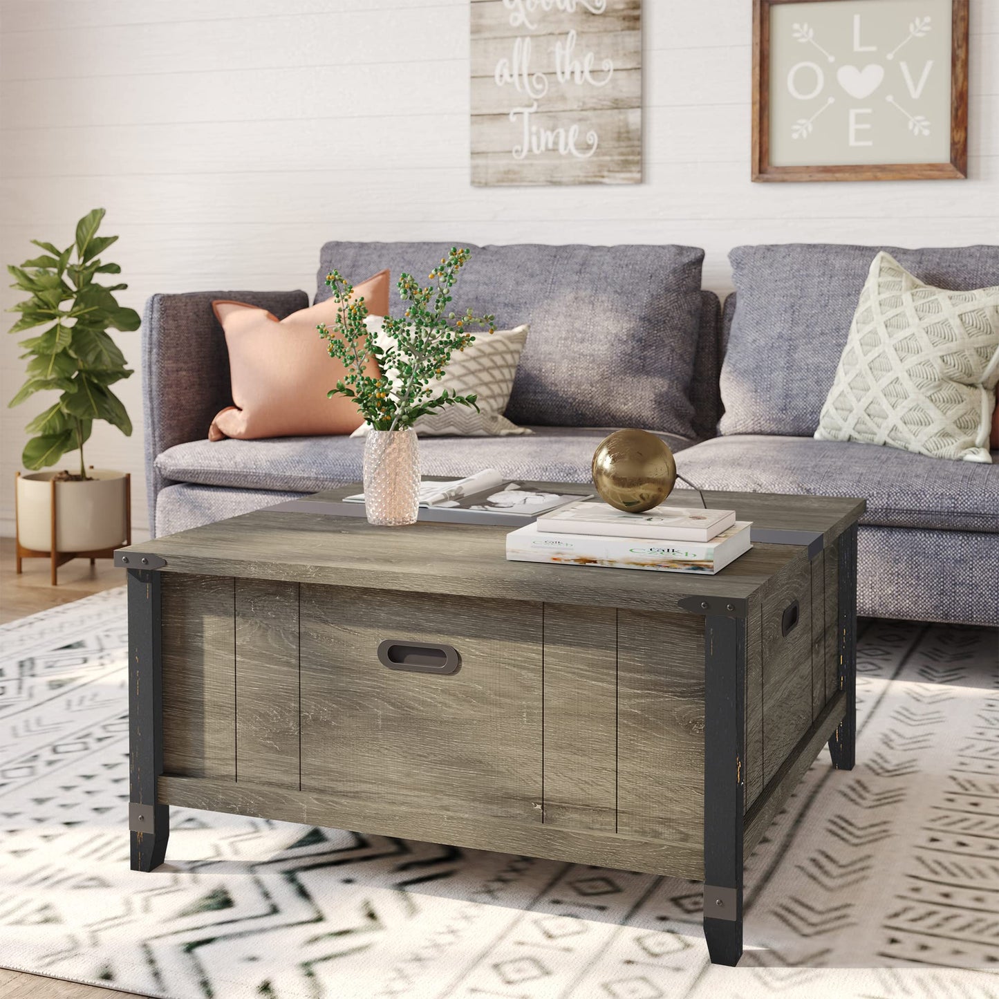 Bestier Farmhouse Coffee Table, Square Wood Center Table with Large Hidden Storage Compartment for Living Room, Rustic Cocktail Table with Hinged Lift Top for Home, Grey