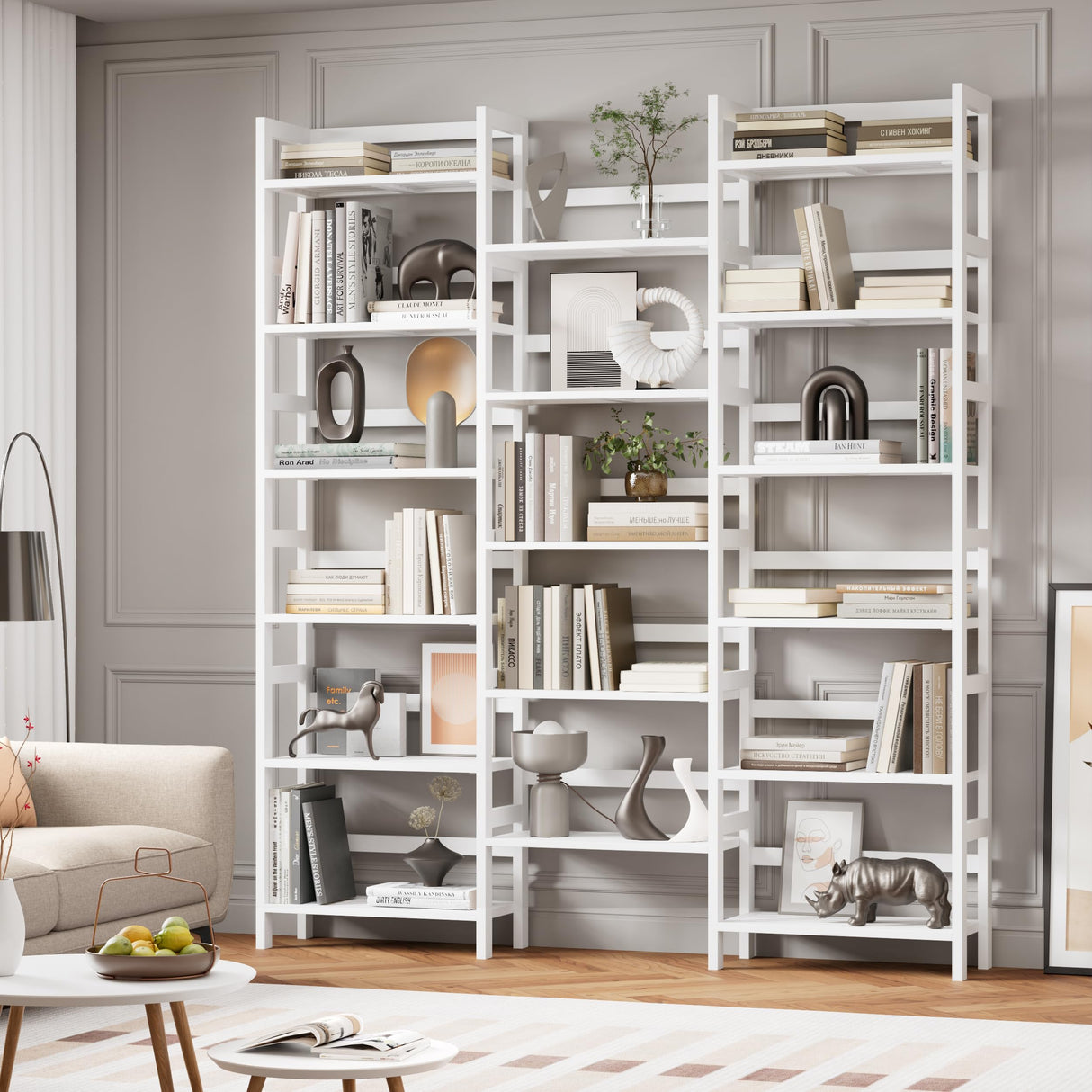 Bamjoy Bamboo Bookshelf, Triple 6-Tier White Bookshelf, Large Bookcase with 17 Open Display Shelves, Tall Book Shelf Storage Rack for Home Office, 71.5” H Bamjoy