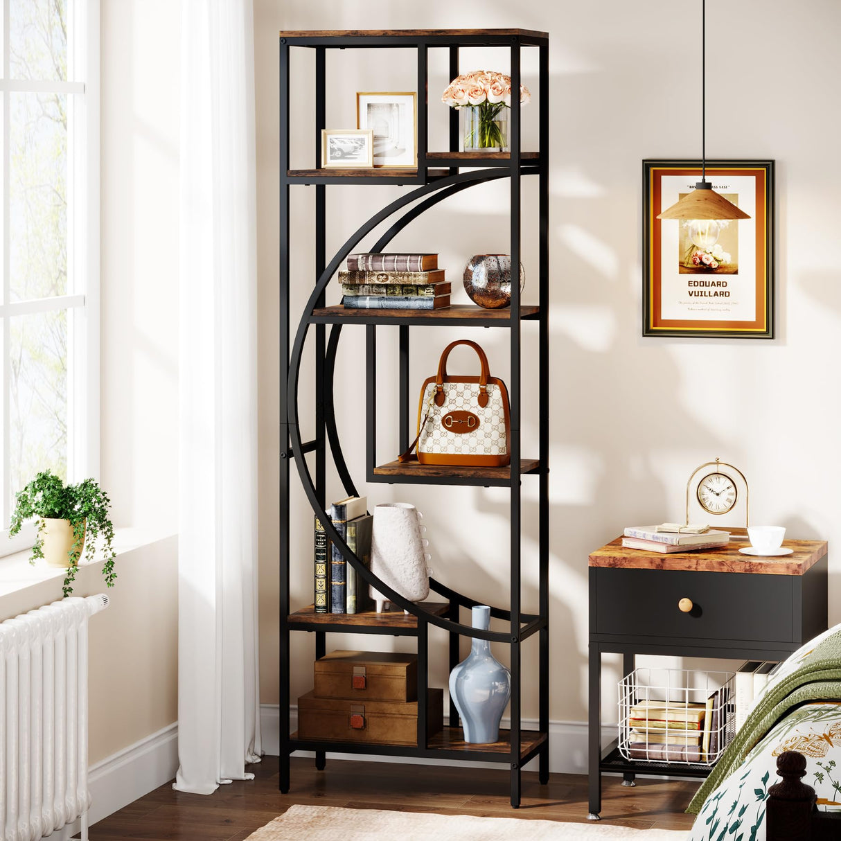 Celaform Geometric Bookshelf, 70.9" Tall Bookcase with 7-Shelf Open Shelves, Wood Metal Book Shelf Display Rack Storage Shelving Unit for Office, Bedroom, Living Room, Easy Assembly, Rustic Brown Celaform