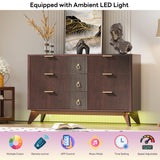 LIKIMIO Dresser for Bedroom 9 Drawers with LED Light, 55" Wide Fluted Chest of Drawers, Wood Closet Organizer, Curved Profile Design, TV Stand for Living Room, Hallway, Walnut with Brown LIKIMIO