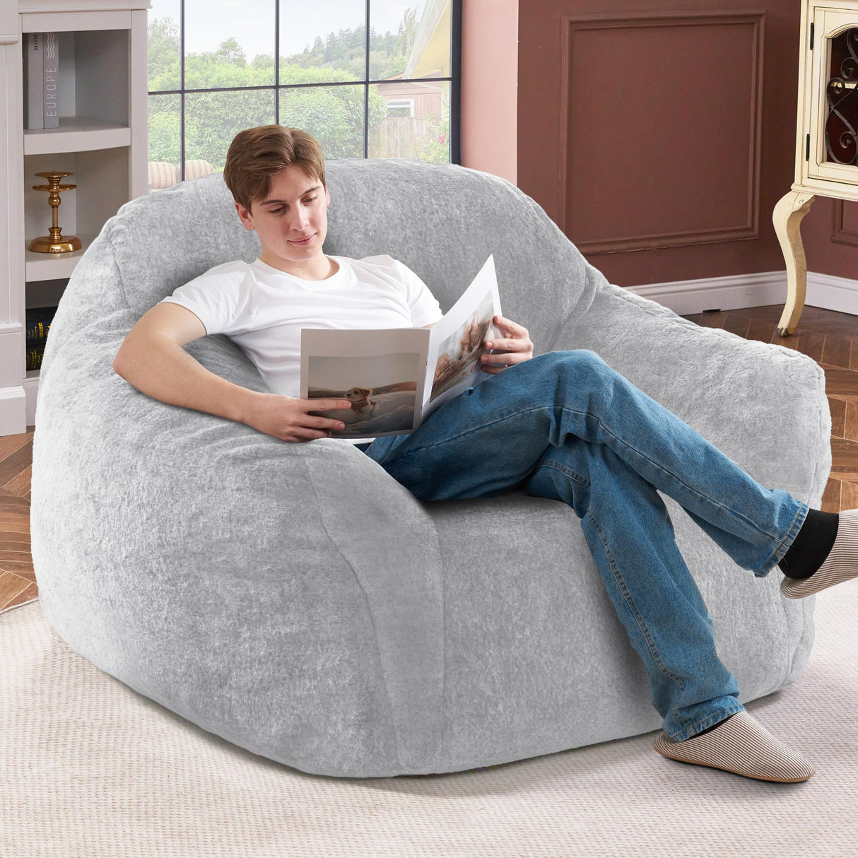 Homguava Beanbag Chair Bean Bag Chairs for Adults Bean Bags Giant Bean Bag Sofa with Spacious Cushion Bean Bag Couch with Armrest Large Bean Bag Chair with Filler for Living Room Bedroom (Light Grey) Homguava