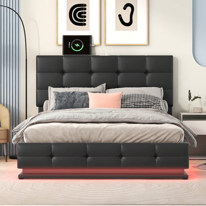 Harper & Bright Designs Full Size Lift Up Storage Bed with LED Lights and USB Charger, Black Faux Leather - WoodArtSupply