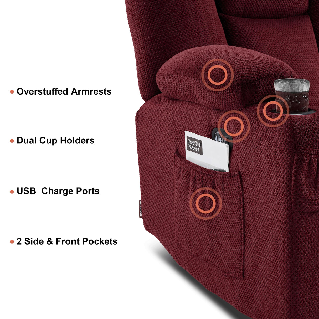 MCombo 57.8" Zero Gravity Power Loveseat Recliner with Heat and Vibration Massage, Reclining Loveseat Sofa with USB Ports, Cup Holders for Living Room, Fabric 6035SET (Burgundy) MCombo