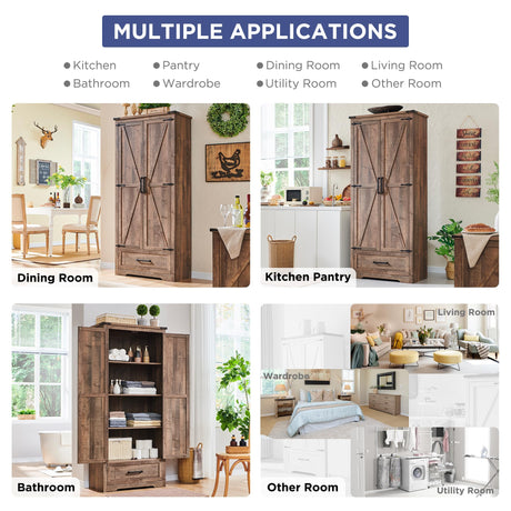 Farmhouse Kitchen Pantry Cabinet - 72" Tall Wood Kitchen Storage Cabinets with Adjustable Shelves & 2 Barn Doors & Drawer, Versatile Storage for Dining Room, Bathroom, Utility Room, Light Brown JXQTLINGMU