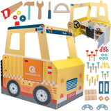 Construction Truck Wooden Playset w 60+ Toy Pieces- Pretend Hammer Saw Bolts & Screws- Spinning Turn Saw, Steering Wheel & Wood to Saw Apart, Dual Sided Play Stand, Workbench Building for Kids Gift Svan