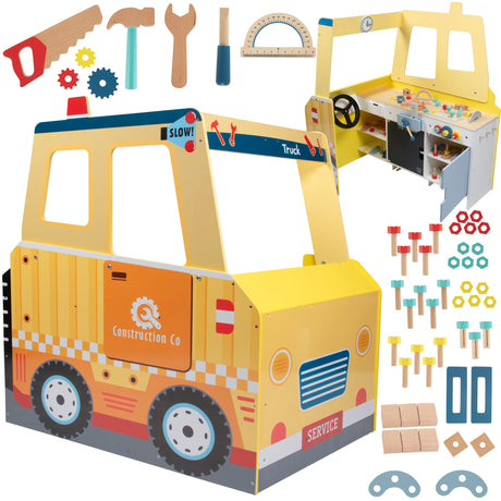 Construction Truck Wooden Playset w 60+ Toy Pieces- Pretend Hammer Saw Bolts & Screws- Spinning Turn Saw, Steering Wheel & Wood to Saw Apart, Dual Sided Play Stand, Workbench Building for Kids Gift Svan
