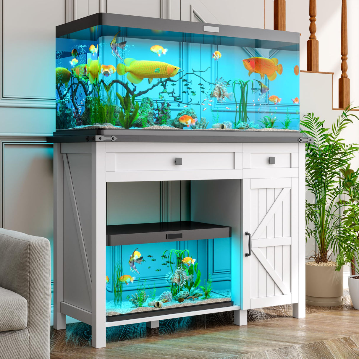 kepptory 40 Gallon Fish Tank Stand with Power Outlets, Farmhouse Decorative Aquarium Stand Furniture with Adjustable Shelves and Drawer, Reptile Turtle Tank Stand with Cabinet Storage (White, 30-40GL) kepptory