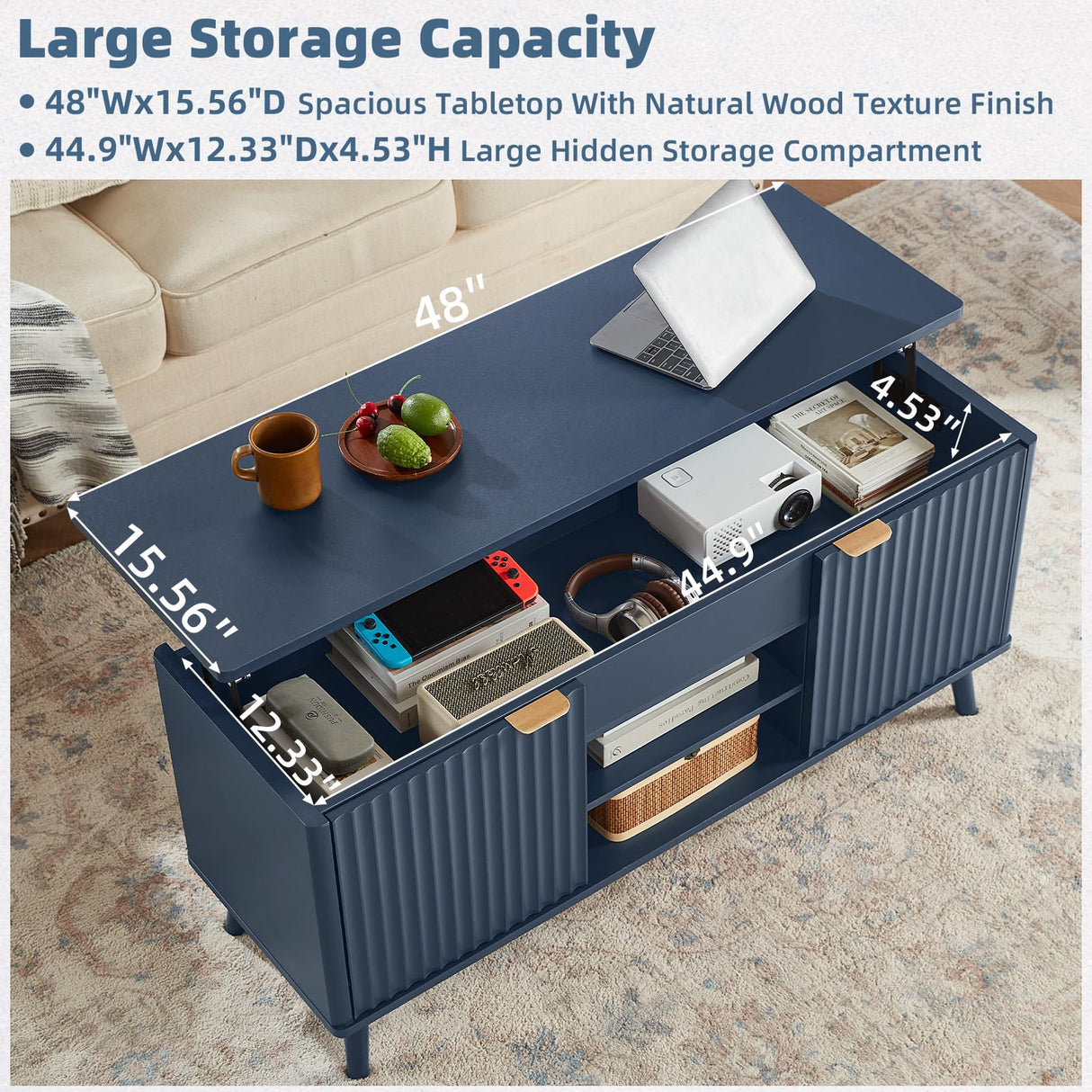 LEYAOYAO 48" Fluted Lift Top Coffee Table with Hidden Storage & Adjustable Shelves, Lifting Tabletop Large Rectangular Coffee Tables, Mid Century Modern Wood Center Table for Living Room, Nave Blue LEYAOYAO