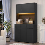 NBYSGO 71" Pantry Cabinet with Power Outlets and Led Lights,Freestanding Kitchen Pantry Storage Cabinet with Microwave Stand,Tall Kitchen Hutch with Storage Drawers,Dining Room,Black NBYSGO