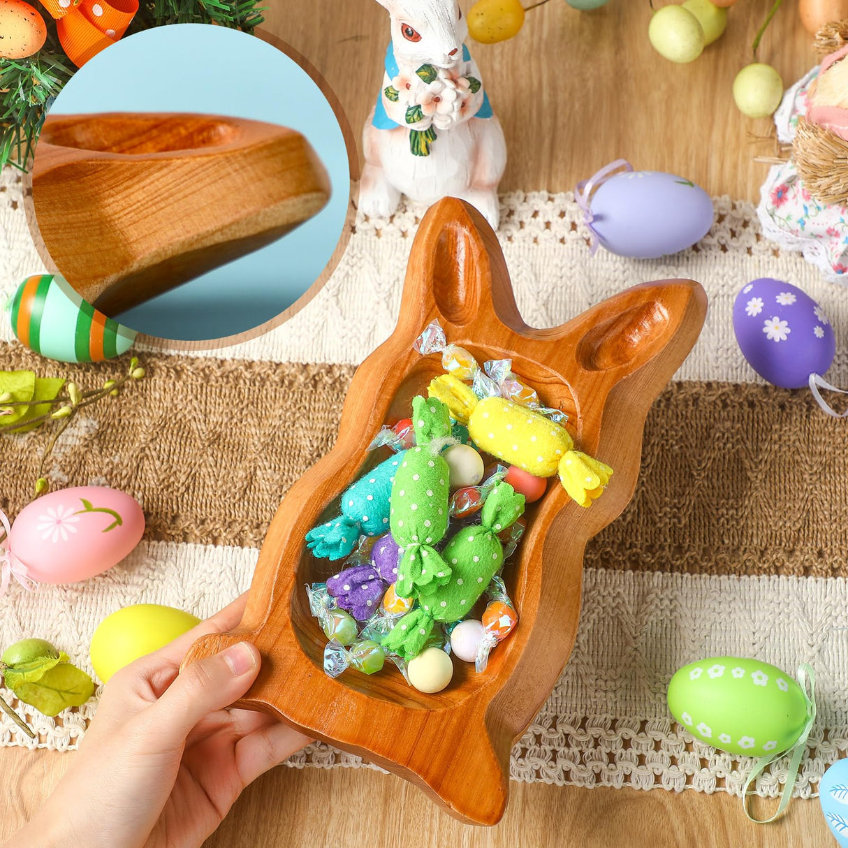 SiliFine Easter Bunny Shaped Dough Bowl Easter Decorative Bunny Bowl Rabbit Shaped Wooden Bowl Farmhouse Rustic Serving Trays Primitive Wood Trencher Tray for Easter Table Centerpiece Home Decor SiliFine