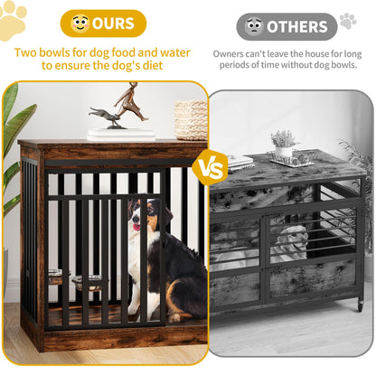 DWVO 55" Extra Large Dog Crate Furniture, Heavy Duty Metal Dog Kennel TV Stand with Sliding Door, Wooden Dog Cage Table with Dog Bowl for Extra Large Medium Dogs or 2 Small Dogs, Rustic Brown