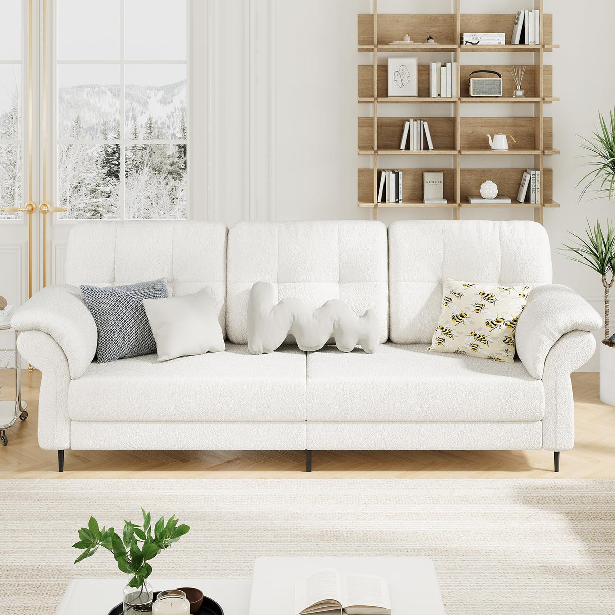 GarveeHome 83.5" Sofa for Living Room,Modern Sofa Couch- 3 Seater Sofa with Removable Pillows,Comfy Sofa Couch with Wide Seats,Teddy Fleece Sofa,Couch for Living Room Apartment Lounge,White GarveeHome