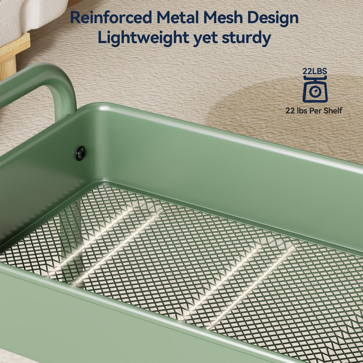 YASONIC 3-Tier Rolling Cart, Green, 66 Pounds Capacity, Mesh Storage Organizer with Lockable Wheels, 3 Hanging Cups, 4 Hooks, Easy Assembly, for Kitchen, Bathroom, Laundry, Grocery YASONIC