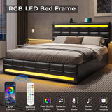 Elegant ADORNEVE Queen Bed Frame with LED Lights, Leather Platform and Storage Drawers, Adjustable Headboard, No Box Spring Needed - Black ADORNEVE