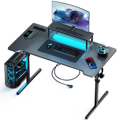 DOMICON Small Gaming Desk with LED Lights & Power Outlets, 55 Inch Computer Desk with Monitor Stand, PC Gaming Table with Carbon Fiber, Black
