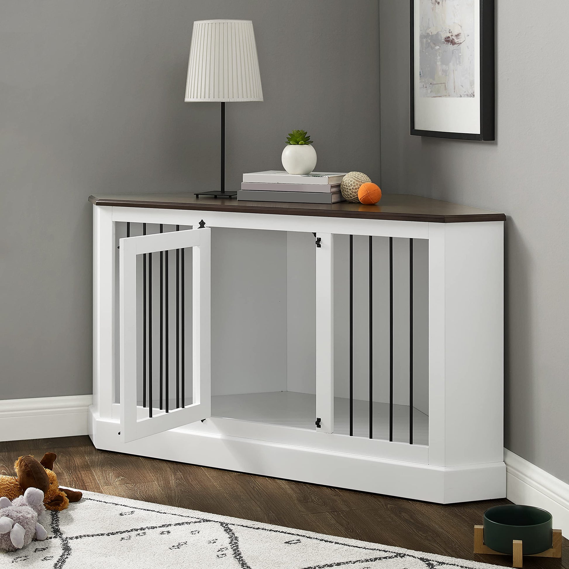 Crosley Furniture Winslow Corner Dog Crate Credenza Kennel for Pets, White - WoodArtSupply