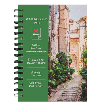 Prudiut 36 Sheets Watercolor Paper Pads 5.5x8.5”, 140 lb/300 GSM Cold Press Water Color Paper, Spiral Bound Watercolor Sketchbook for Watercolors, Art Painting, Journal