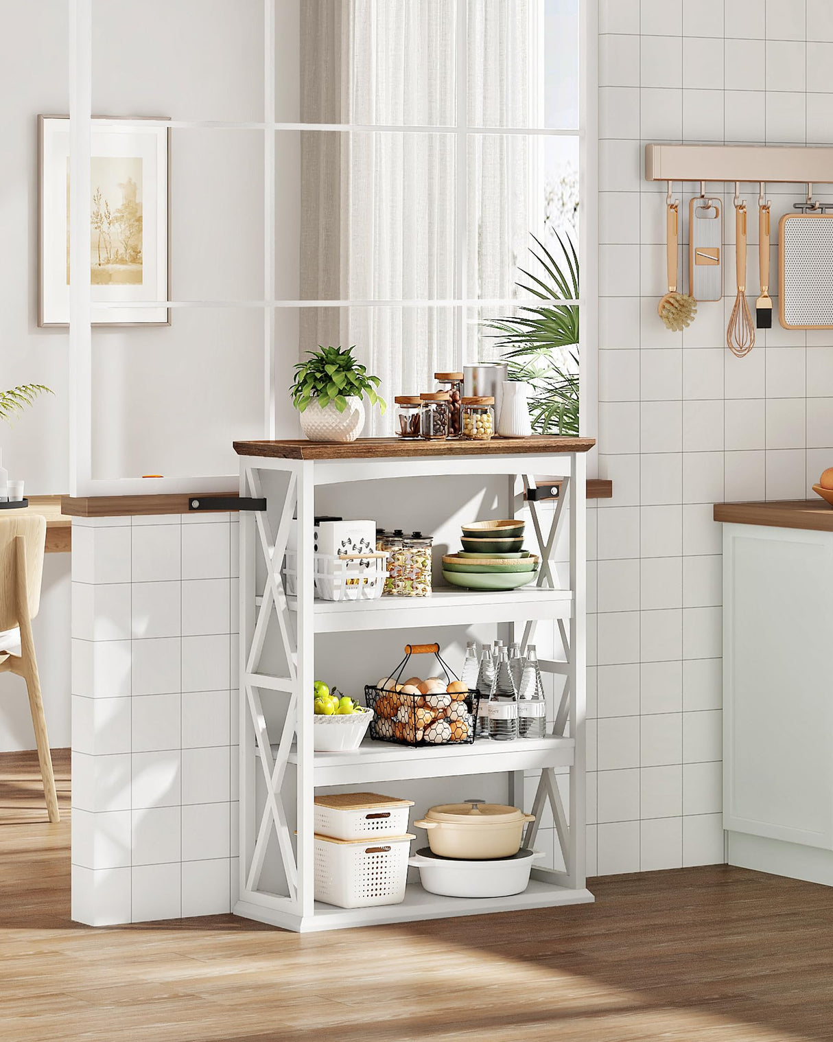 CHOEZON 4-Tier Bookcase, 42.9" Floor Standing Organizer Shelf, Corner Book Stand, Metal Frame, for Study, Bedroom, Living Room, White and Walnut TSJ01WL CHOEZON