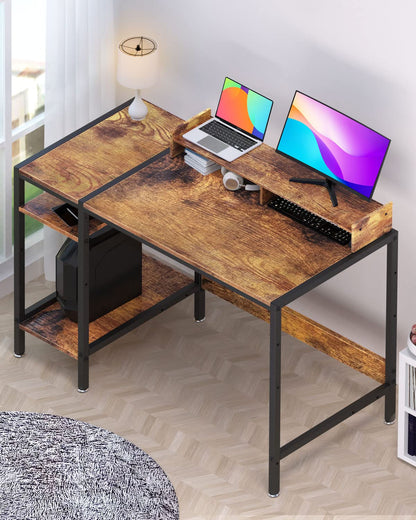 MINOSYS 39” Rustic Computer Desk with Adjustable Monitor Stand and Reversible Storage Shelves - WoodArtSupply