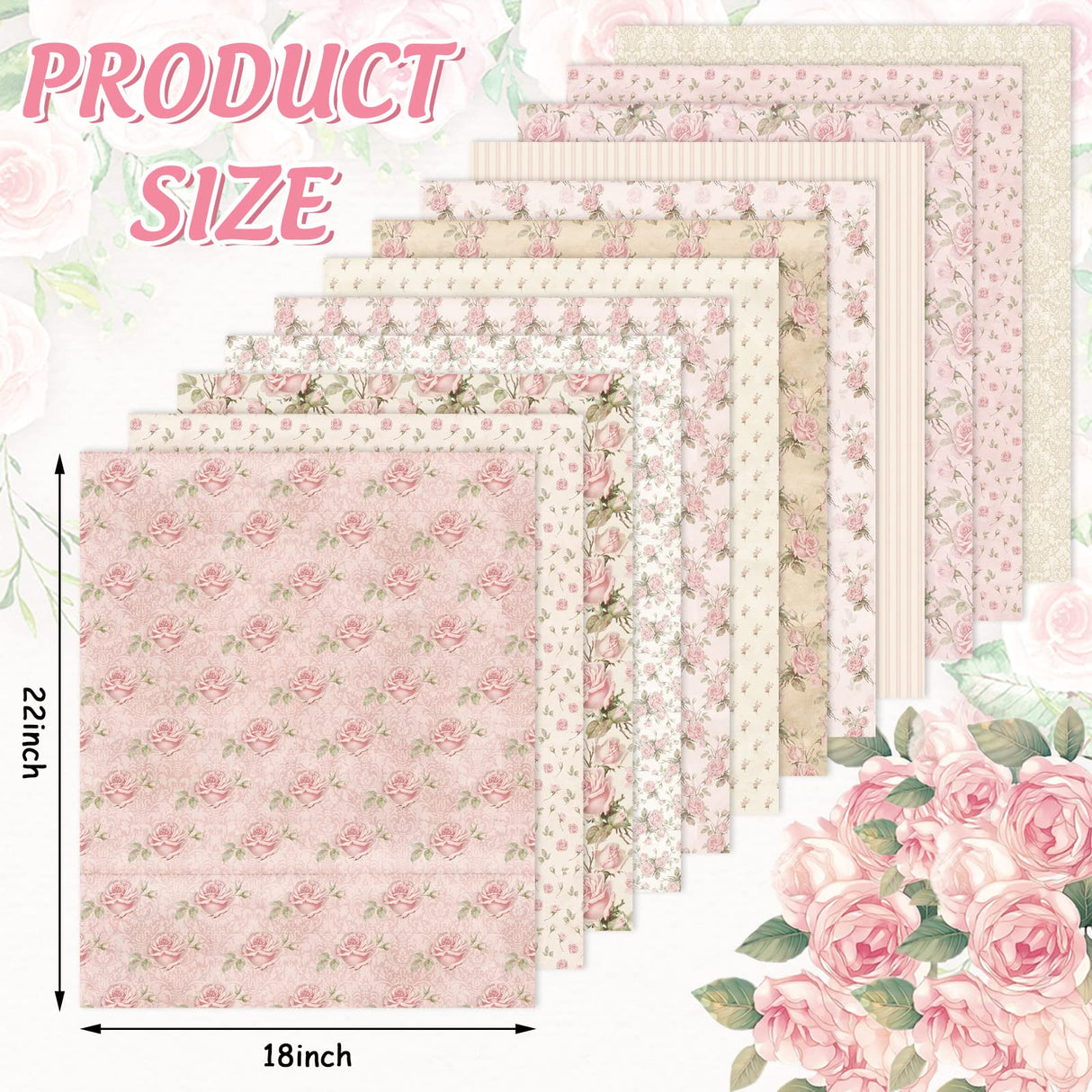 Whaline 12Pcs Spring Cotton Fabric Bundles 18 x 22 Inch Retro Floral Printed Fat Quarters Pink Flower Quilting Patchwork Squares Sewing Fabrics for DIY Handmade Crafting Home Party Decor Whaline